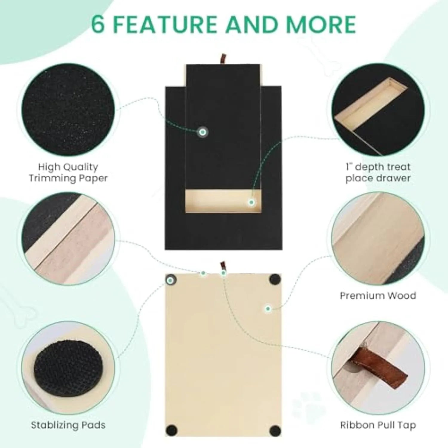 Premium wood dog nail scratch board with treat drawer and non-slip pads on a floor.