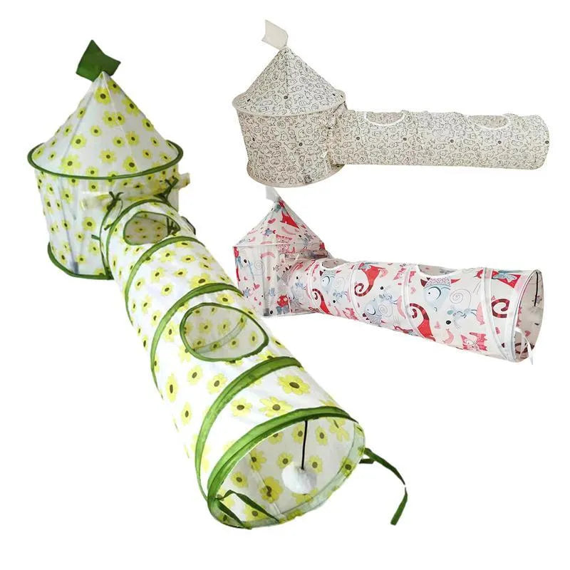 Foldable cat play tunnel in green with a small room and long tunnel section on a white background