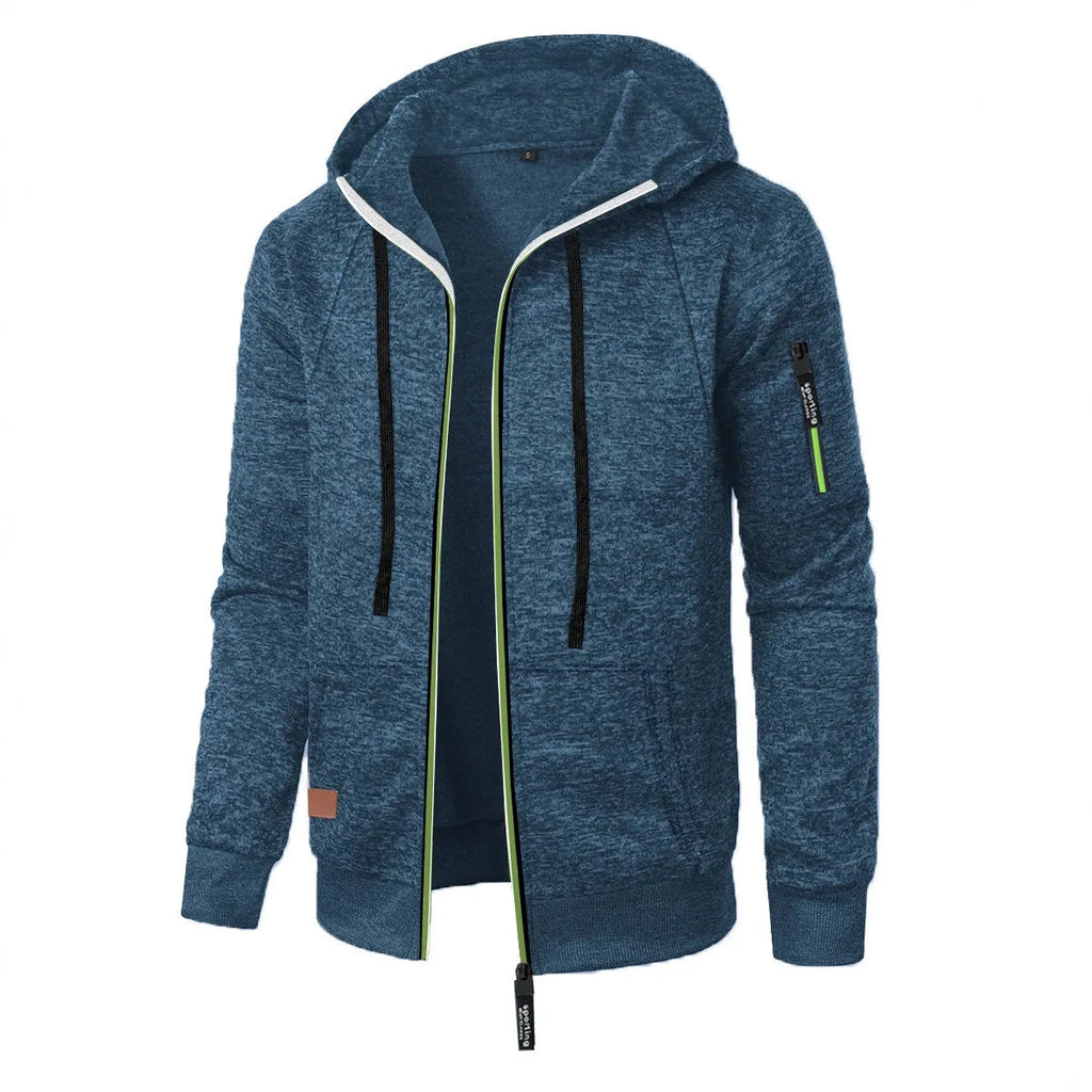 Men's loose fit jacquard hooded coat in black, polyester fibre, Korean style cardigan with long sleeves and hood
