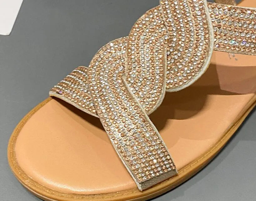 Women's fairy Roman sandals in gold with rhinestone decoration, fish mouth toe, and elastic band