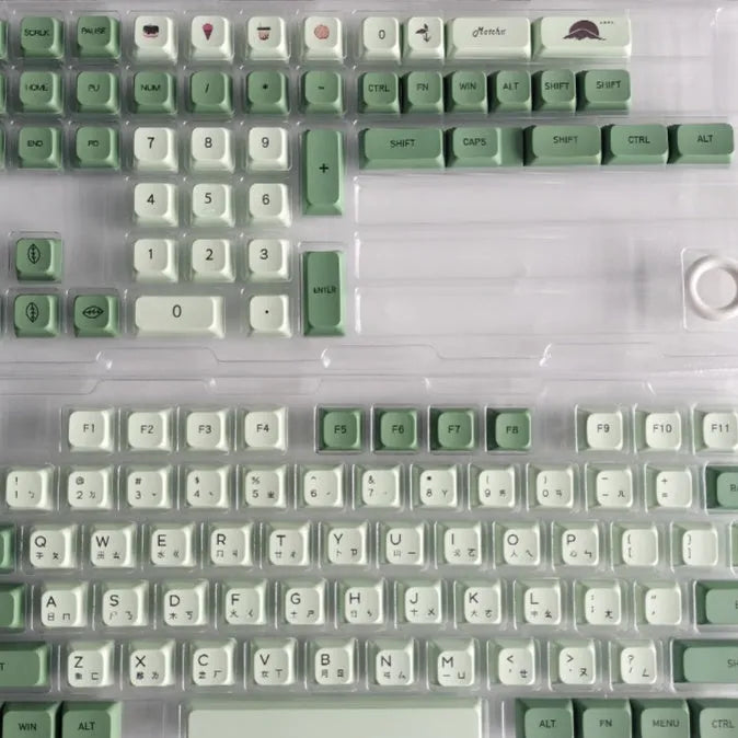 Set of 124 matcha green PBT keycaps with white legends for a mechanical keyboard
