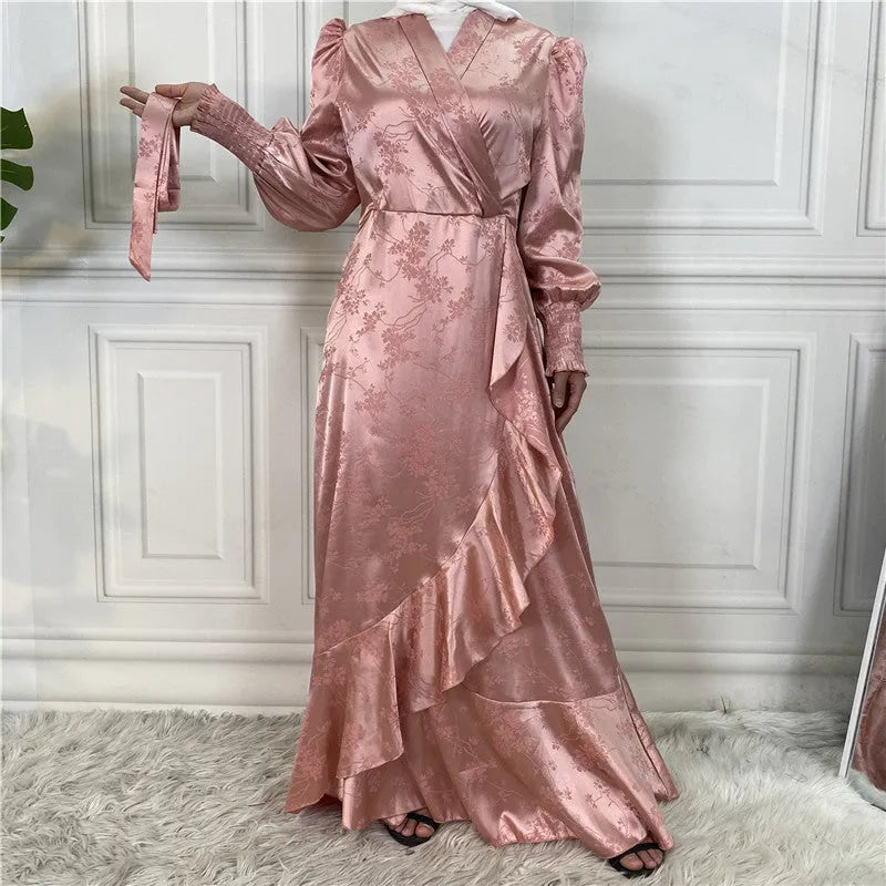 New fashion women's patchwork Muslim dress in satin print, green colour, full-length modest style