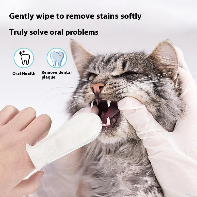 Pack of 50 white pet dental cleaning finger stalls made from non-woven fabric.