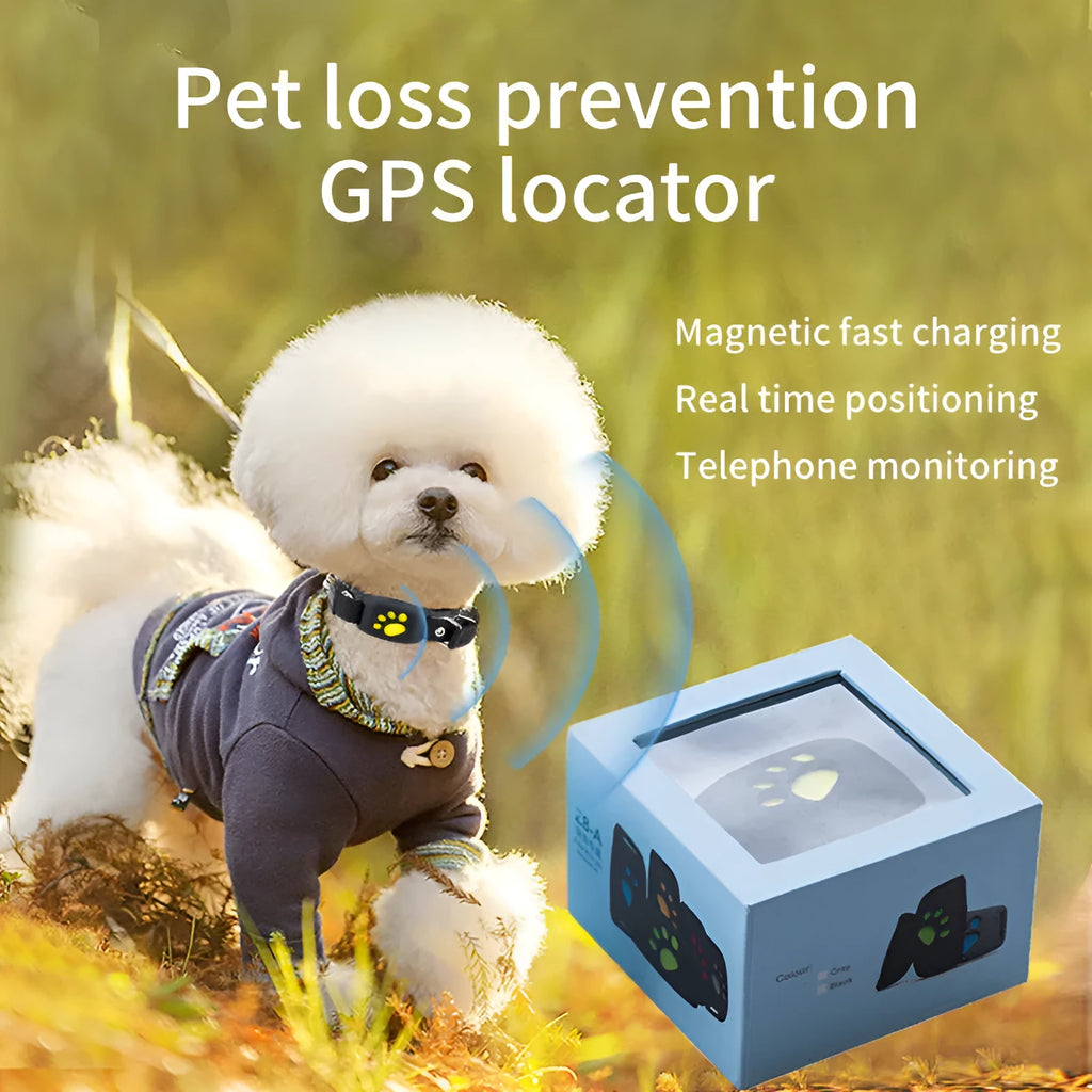 Waterproof GPS pet tracker device in black with yellow interior showing compact 65.5mm design