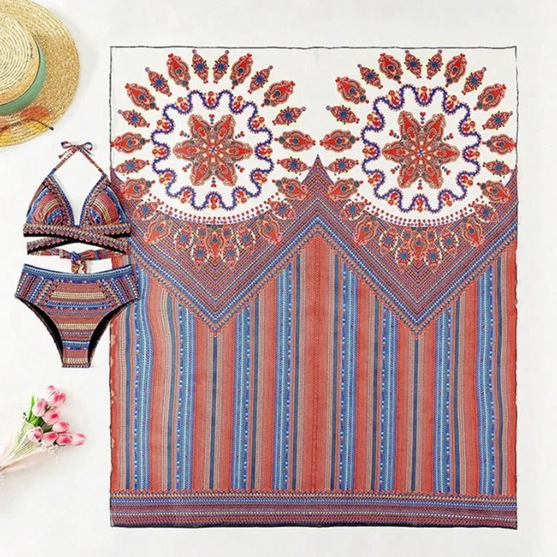 A three-piece women's swimsuit set showing a cutout blouse, high-waist briefs, and a sleeveless cover-up coat.