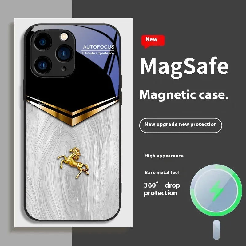 Magnetic glass phone case with metal frame for Apple iPhone in black, showing back panel with camera cutout