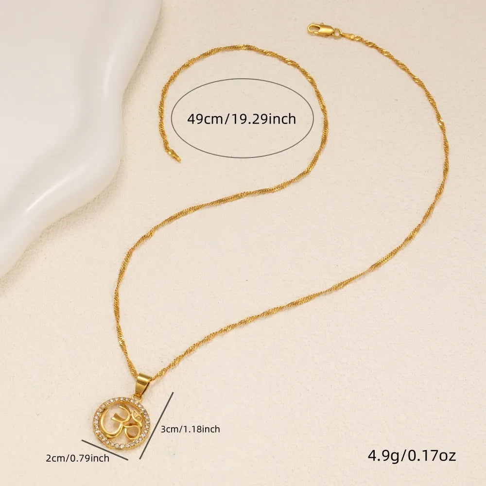 Gold plated copper necklace with circular OM pendant and inlaid stones