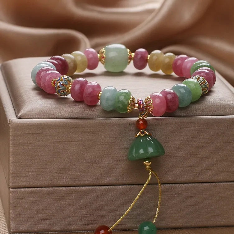 Chinese style natural colour tourmaline bracelet with floral lotus seedpod pendant for women