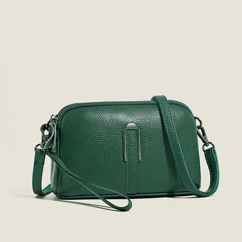 Genuine leather women's shoulder bag in a horizontal square shape, shown in dark khaki colour.