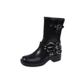 Women's black platform ankle boots with belt buckle detail and mid-calf length