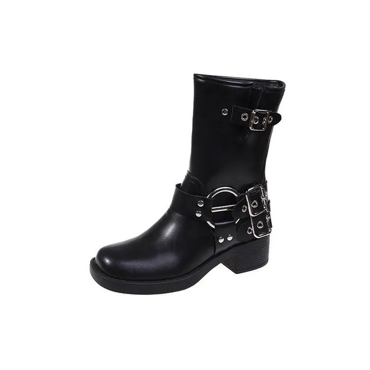 Women's black platform ankle boots with belt buckle detail and mid-calf length