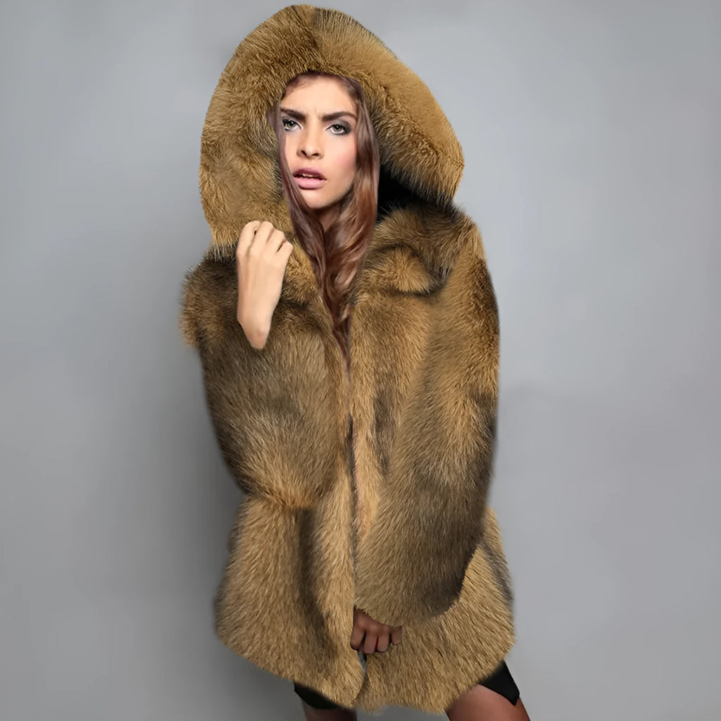Women's silver grey artificial fur coat with a loose, mid-length design