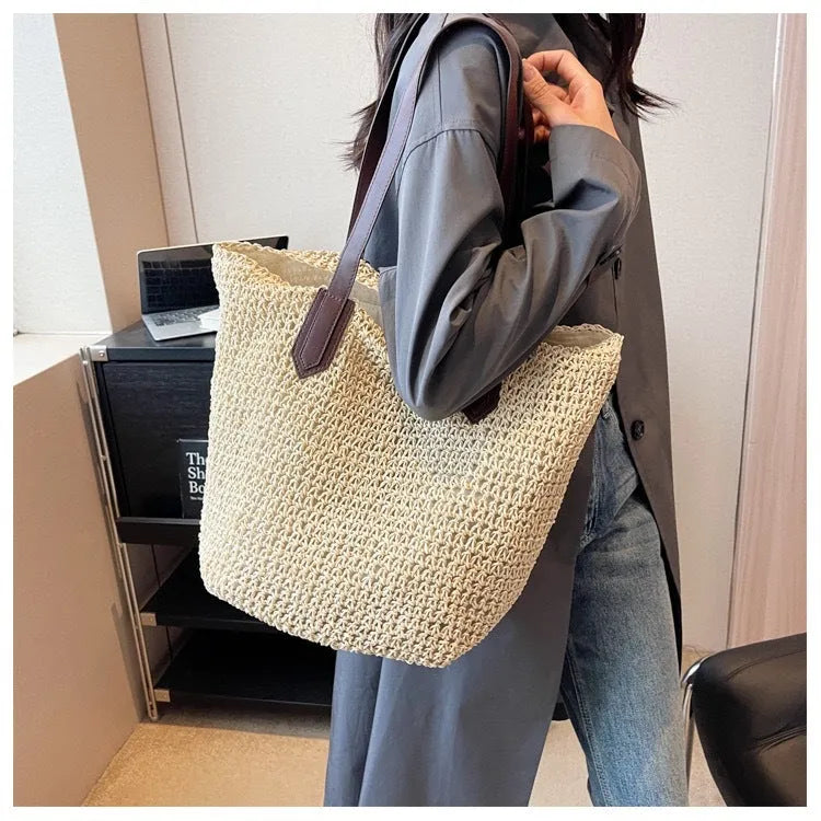 Woven paper straw shoulder bag square vertical with peach skin lining and double straps