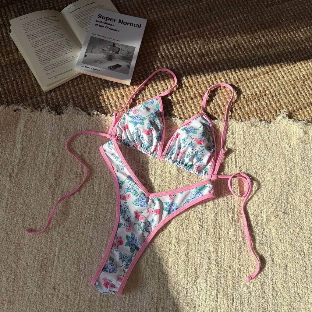 New women's split leopard print printed polyester bikini in brown, gold, and floral colours, sizes S M L