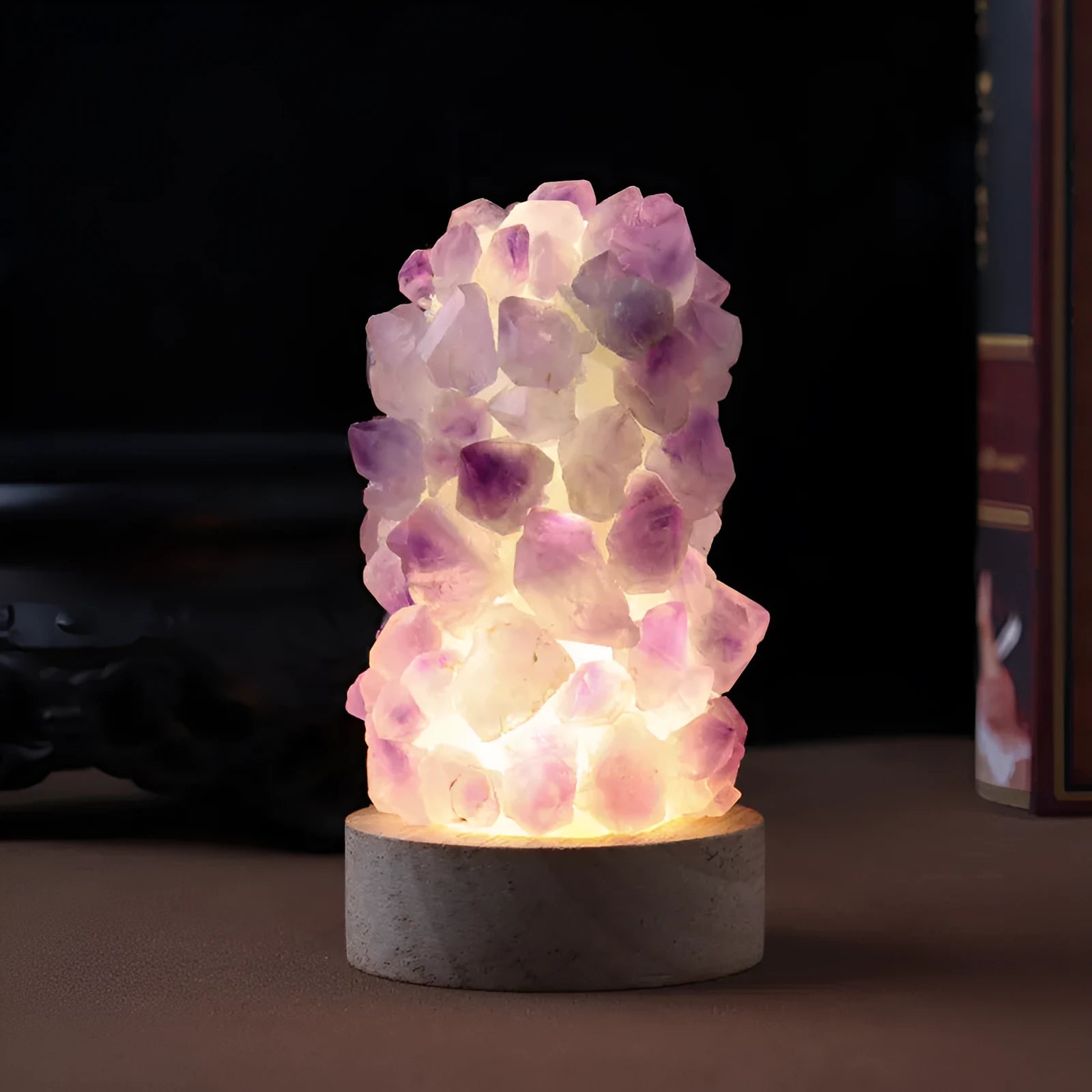 Natural purple amethyst crystal night light with tooth flower vug formation and USB cable