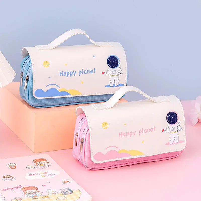 Large-capacity canvas pencil case with hand-painted cartoon pattern, flip-open design, 21x10cm size, available in blue colour