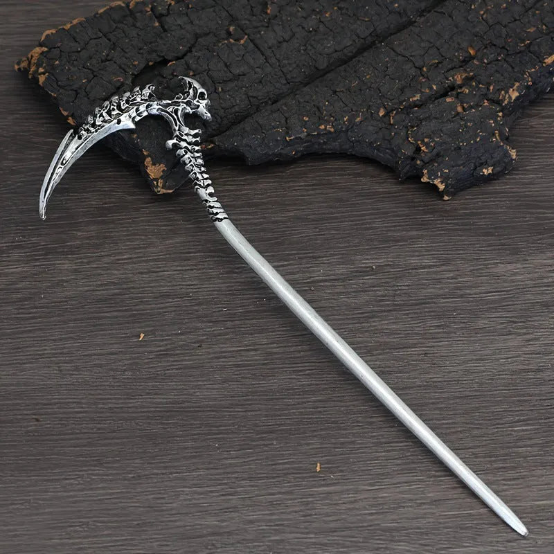Nordic retro skull sickle hairpin in ancient silver with electroplated finish, geometric shape for women