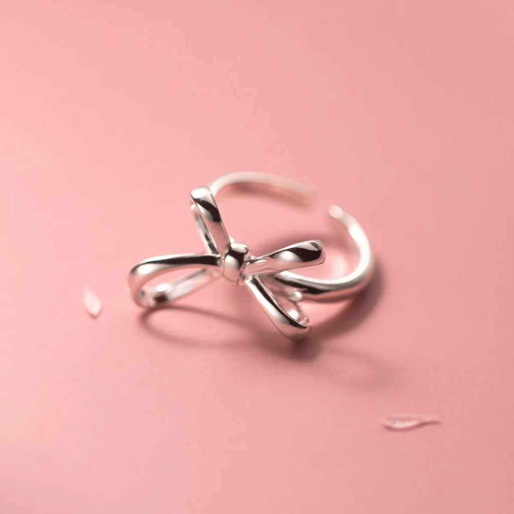S925 silver bow ring with adjustable open band, simple line design, silver finish