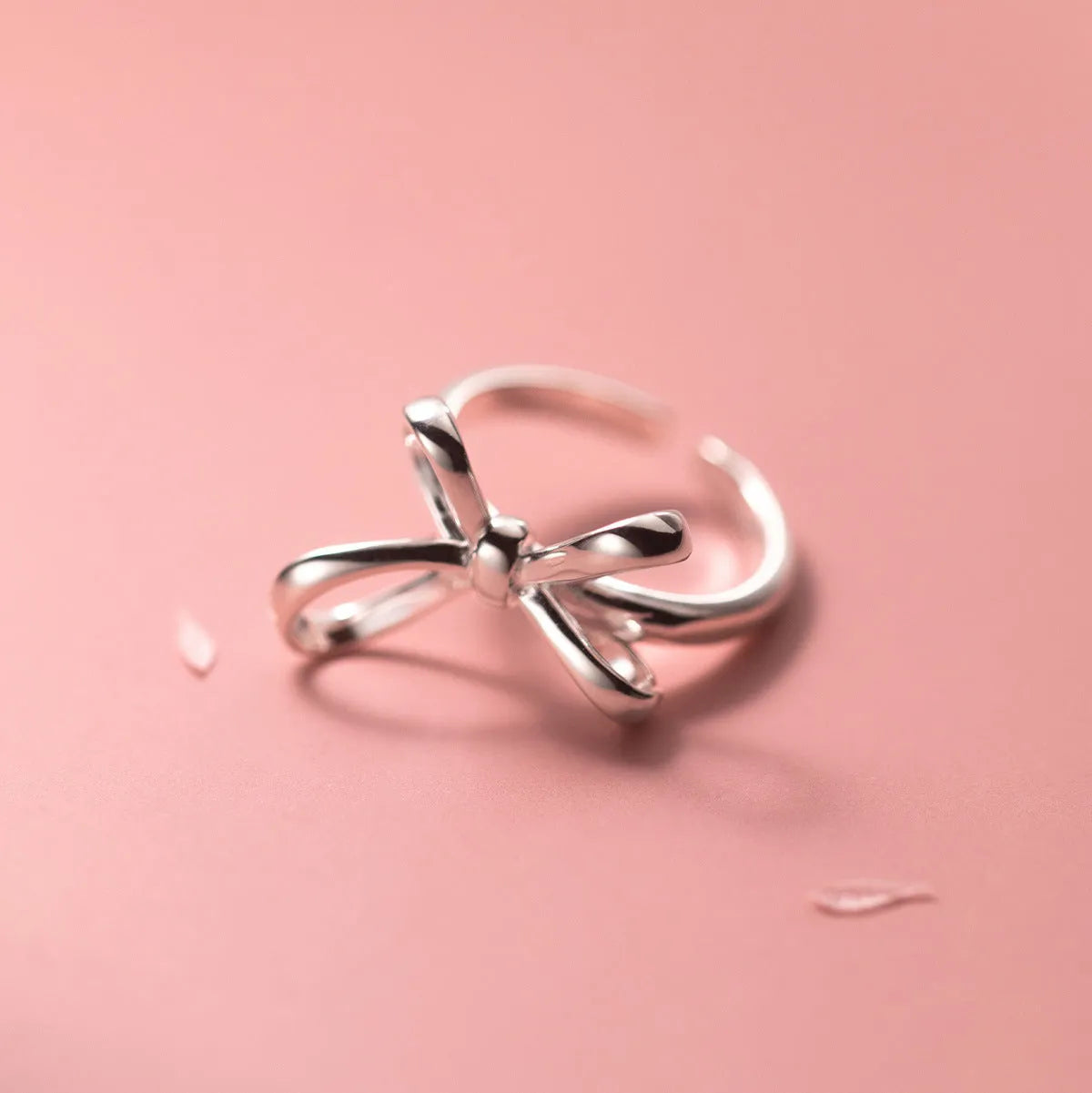 S925 silver bow ring with adjustable open band, simple line design, silver finish