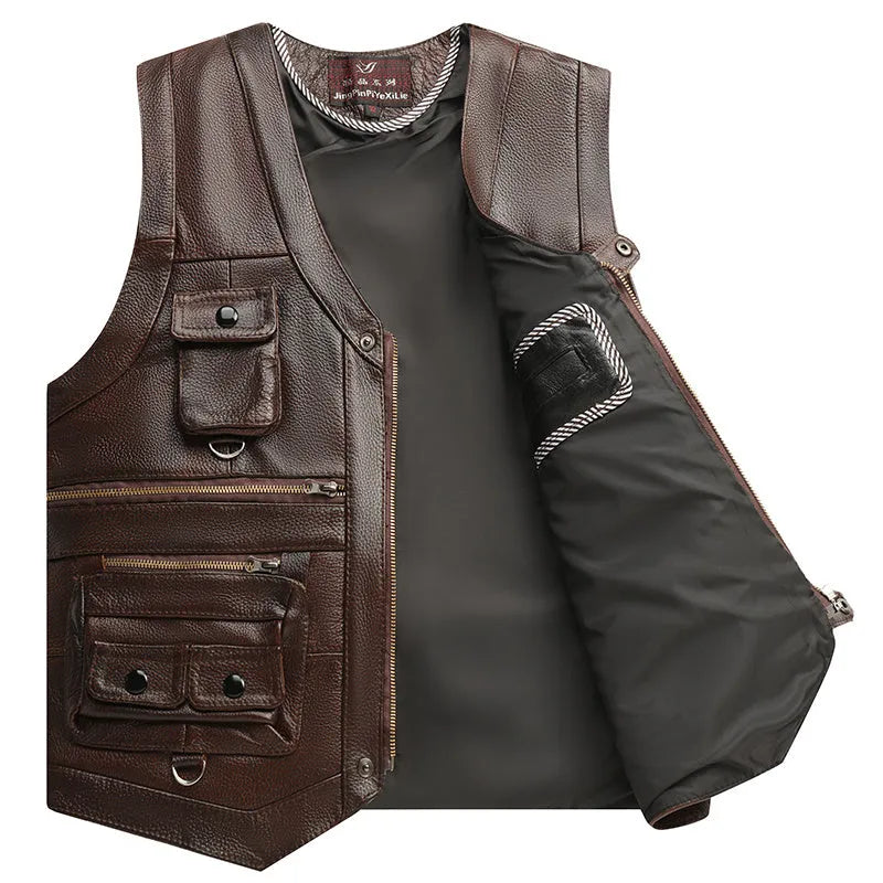 Men's first layer cowhide leather vest with V-neck and zipper front, dark brown or black, sizes 170 to 190