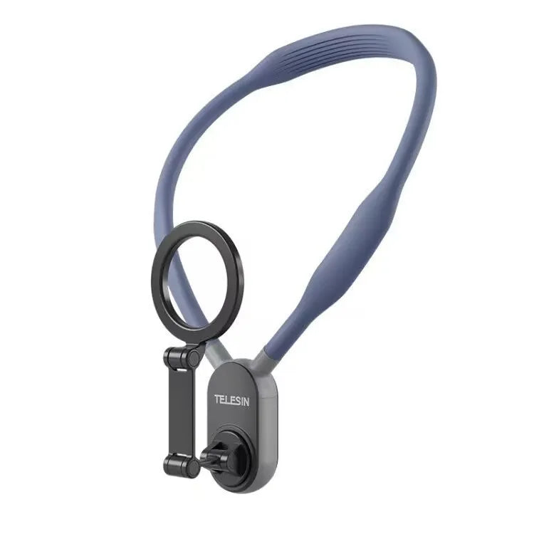 Grey silicone magnetic neck mount holding mobile phone in horizontal orientation