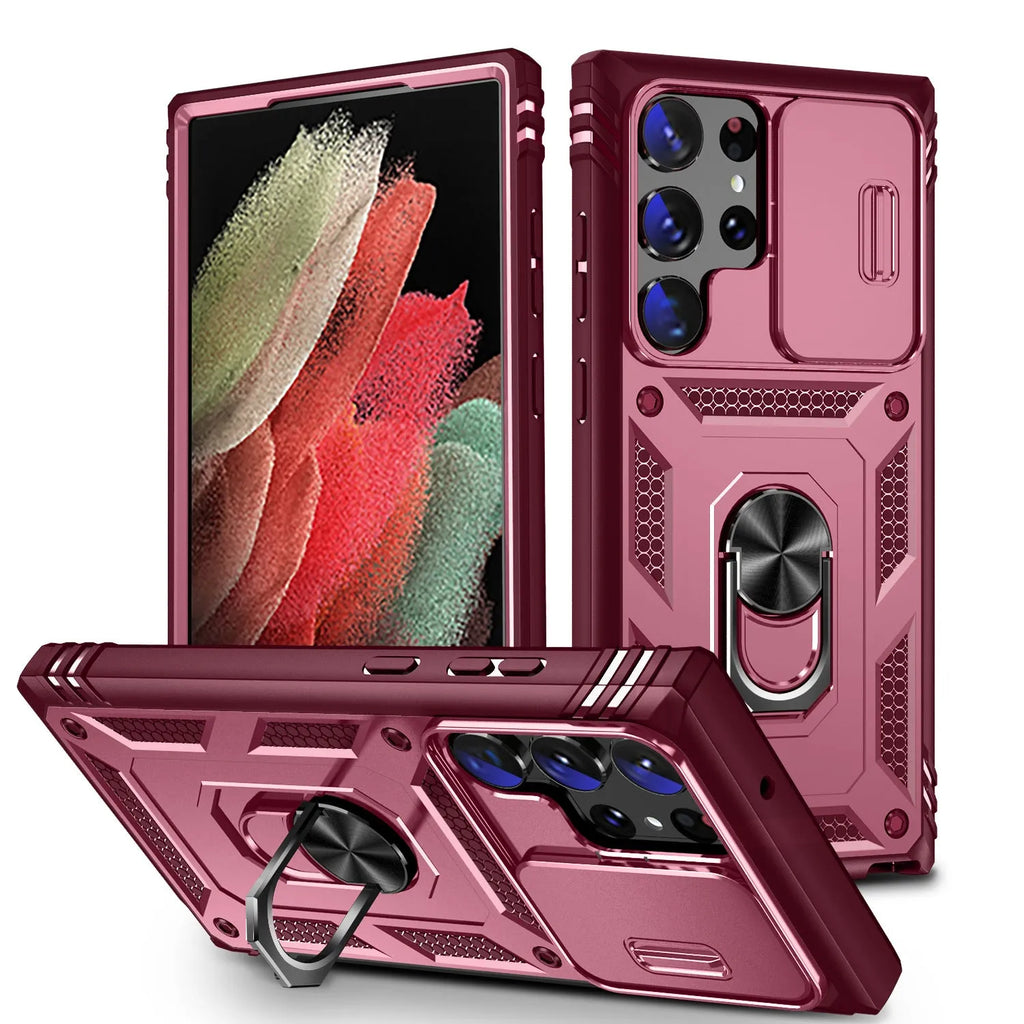 S24 Ultra phone case with sliding window bracket, PC drop-resistant cover, multiple colours