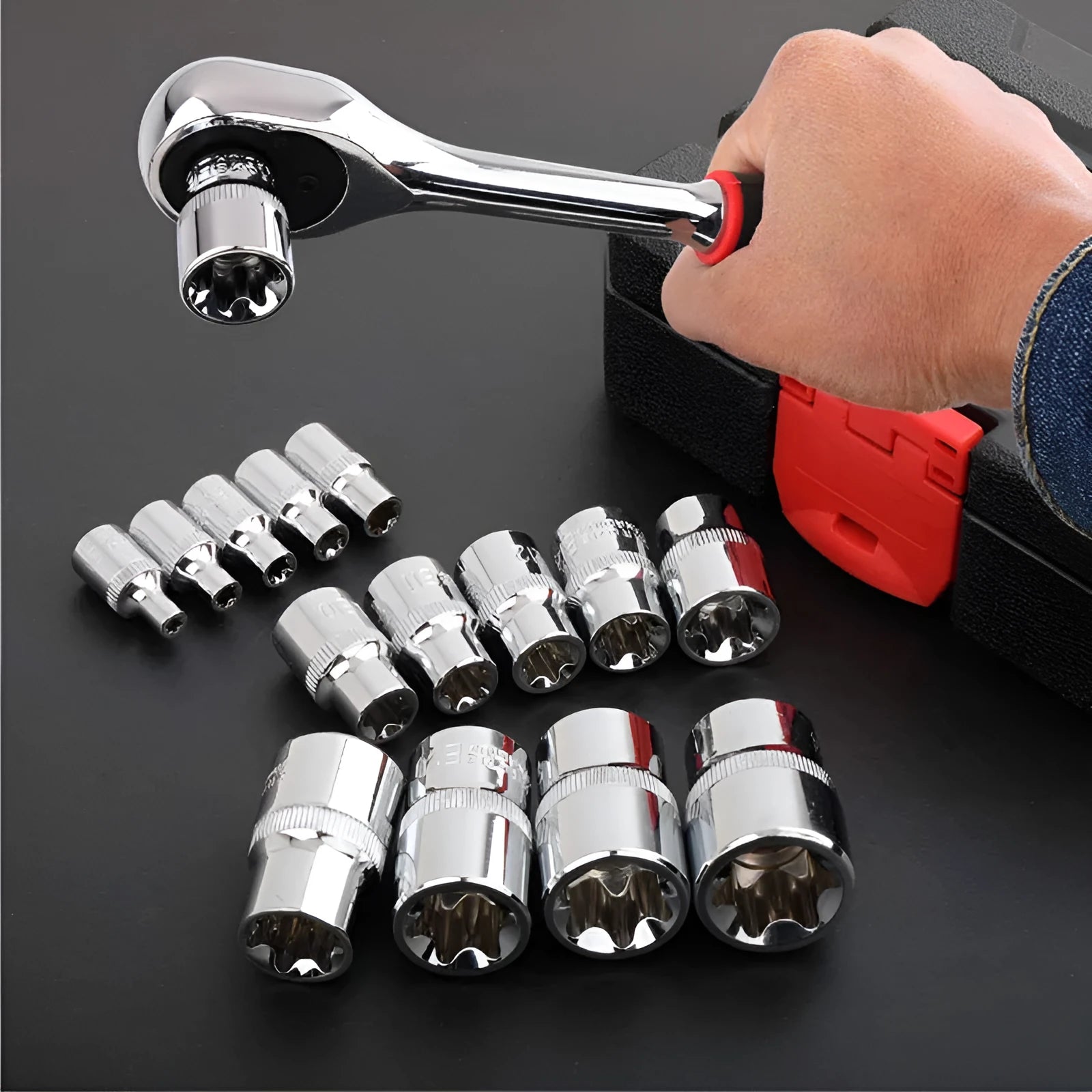 Red box containing 14-piece chrome vanadium steel E-type socket tool set for repair work