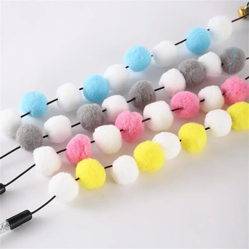 31cm cat teaser rod with colourful pompons and feathers on lightweight stick