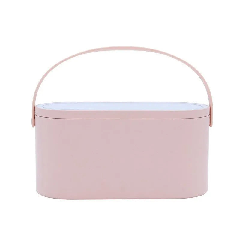 Pink portable makeup storage box with LED illuminated aluminium mirror and cosmetic compartments