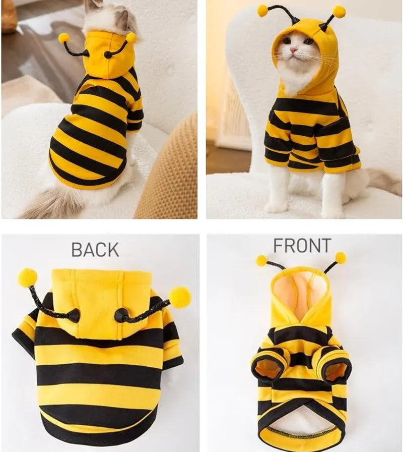 Bee antenna pet hoodie in yellow and black stripes with back belt hook, sizes XS to XXL