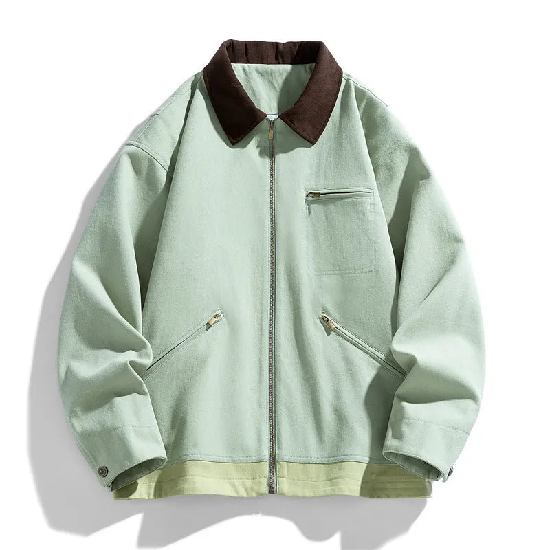 Men's loose-fit retro workwear jacket with contrasting lapels in mint green colour.