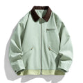Men's loose-fit retro workwear jacket with contrasting lapels in mint green colour.