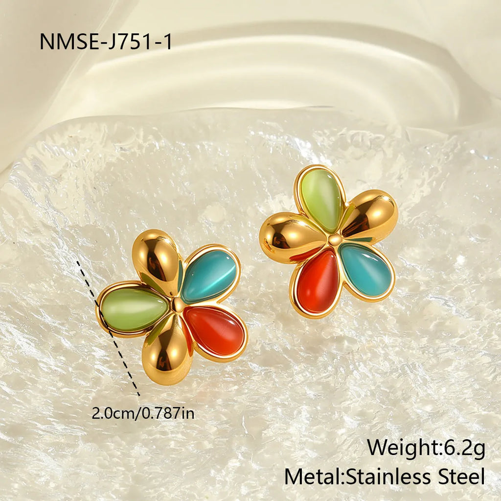 Colourful opal flower stainless steel stud earrings with 18K gold electroplated finish, pair of two earrings.