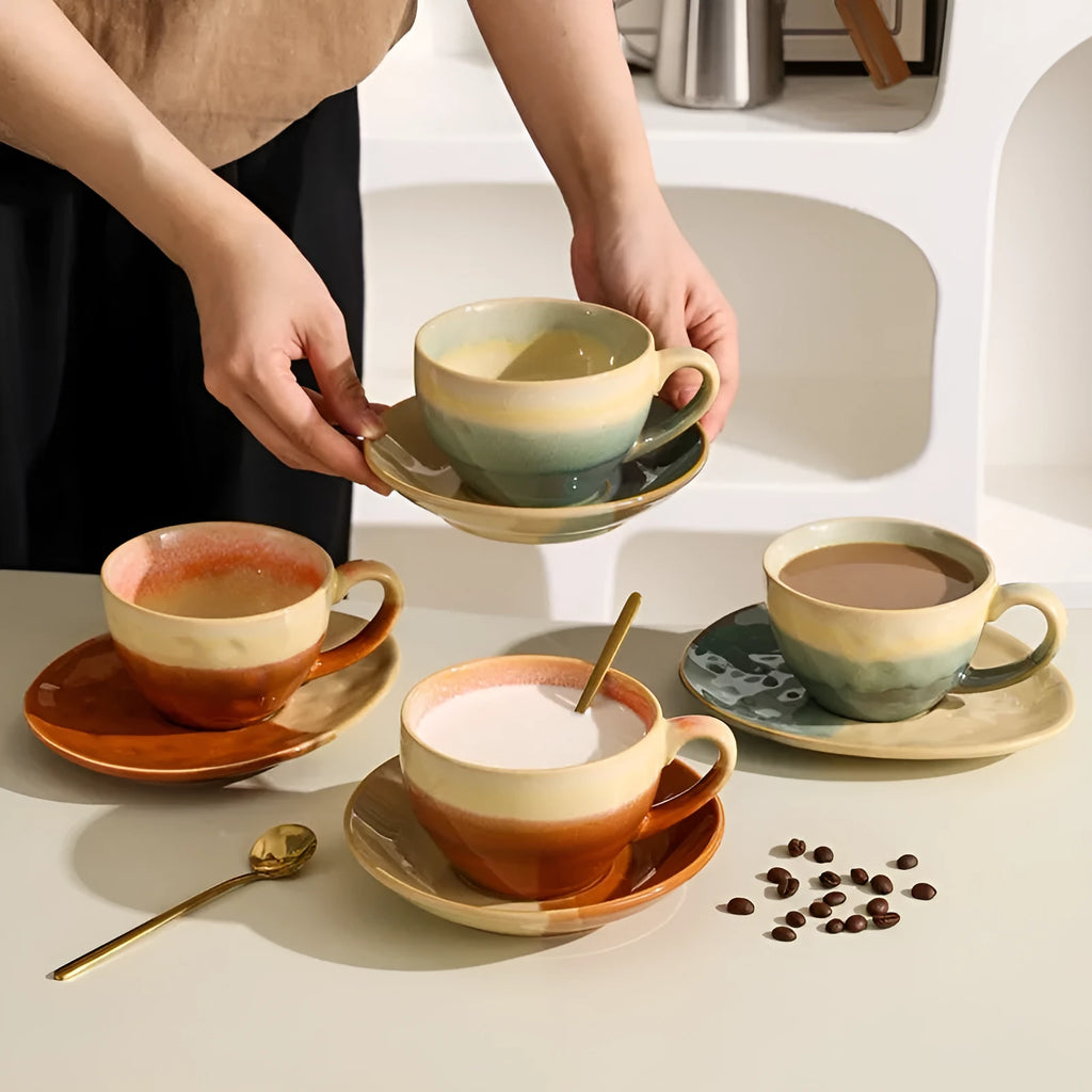 Ceramic kiln-fired retro embossed milk coffee cup, water ripple surface, 300ml, orange colour, small size