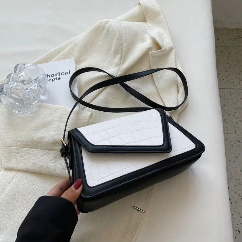 Stone pattern square shoulder bag in PU material showing horizontal suitcase shape with one-shoulder strap