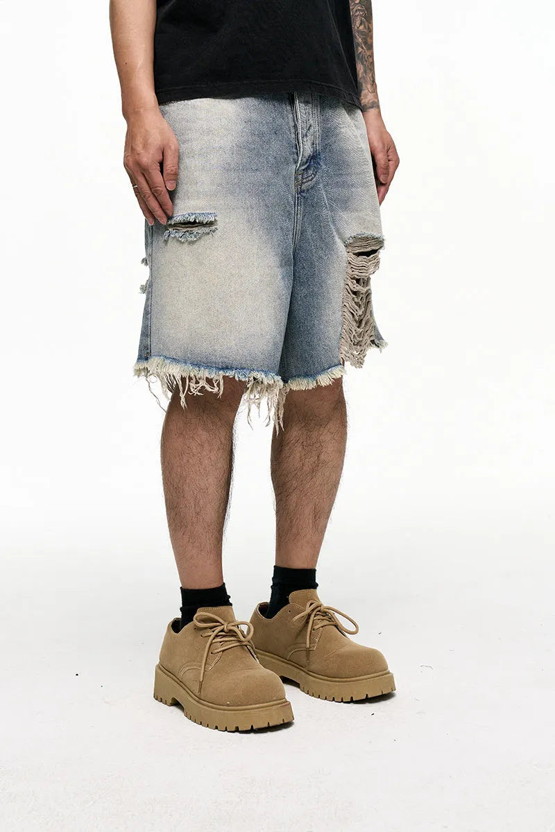Light blue washed denim shorts with a baggy wide-leg fit and mid-waist on a mannequin.
