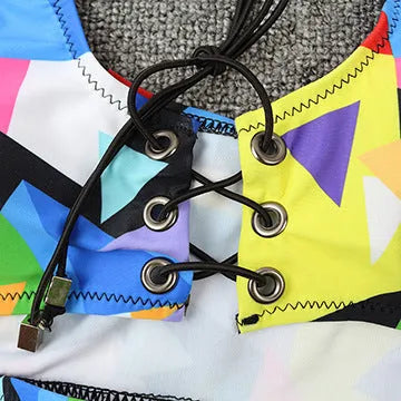 Women's cross-strap fishnet bikini set with high-waist briefs in multicolour checkered pattern