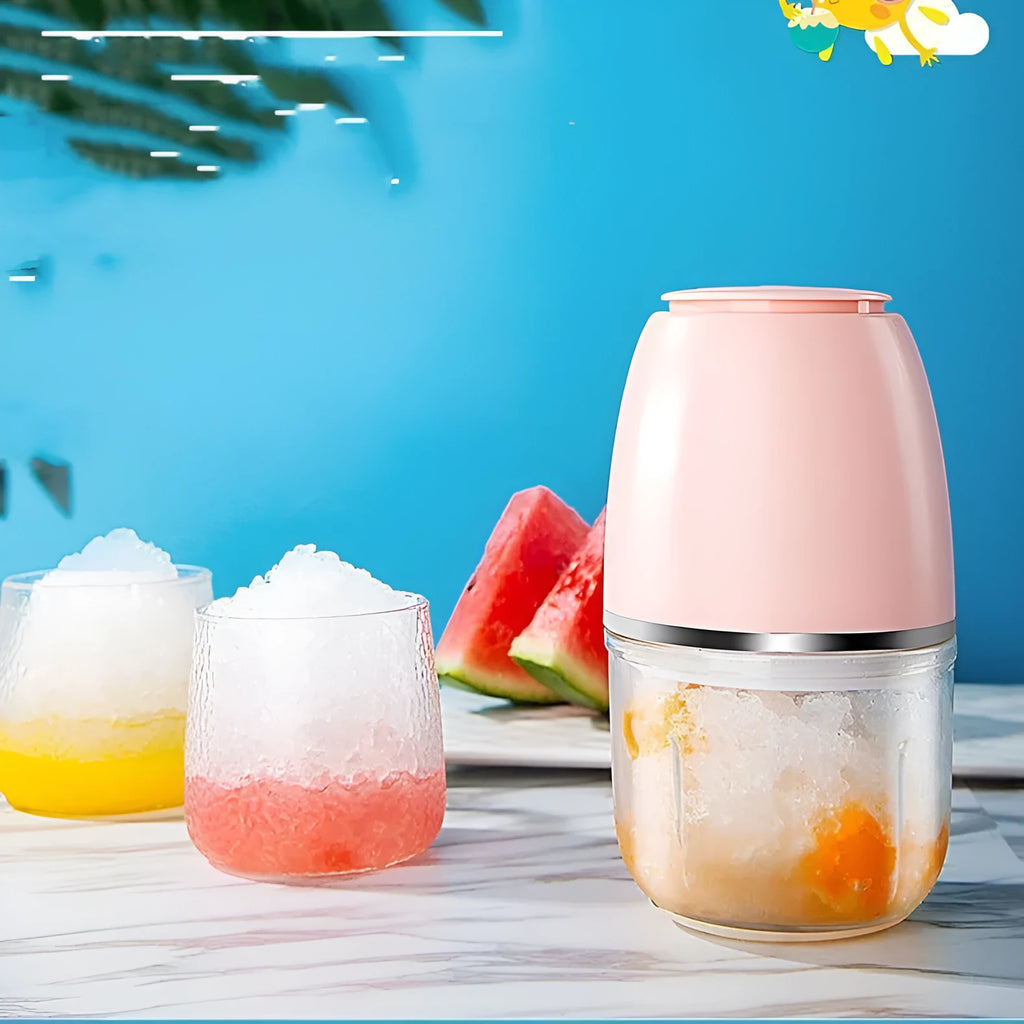 Household electric ice crusher in cherry blossom powder colour on countertop, 200W, 105x105x205mm