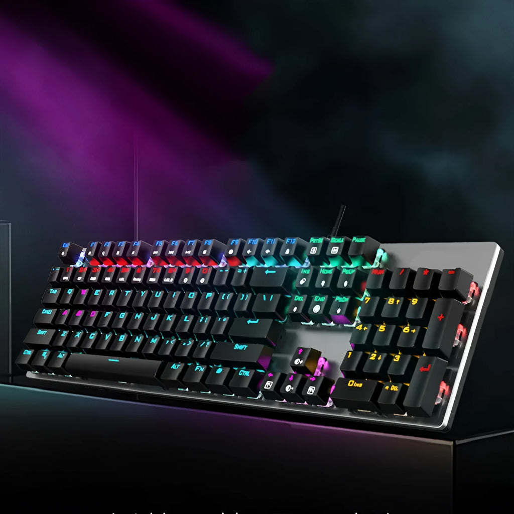 AOC GK410 black mechanical keyboard with backlit keys on a desktop.
