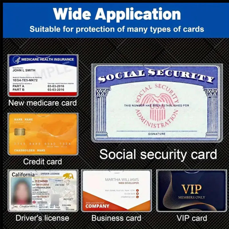 Clear PVC social security card holder measuring 9.7 by 5.9 centimetres, showing an ID card inside.