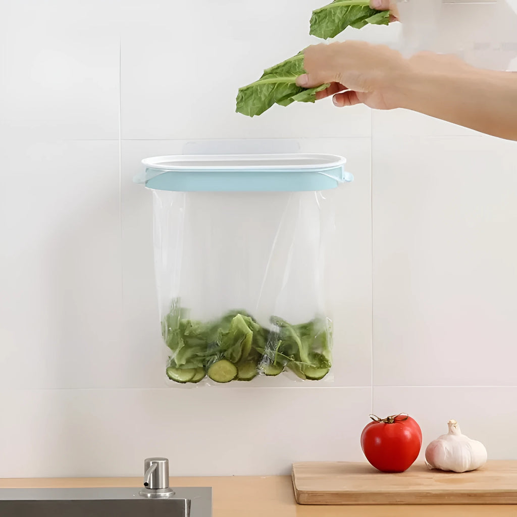 Blue plastic kitchen garbage bag storage rack on a countertop.