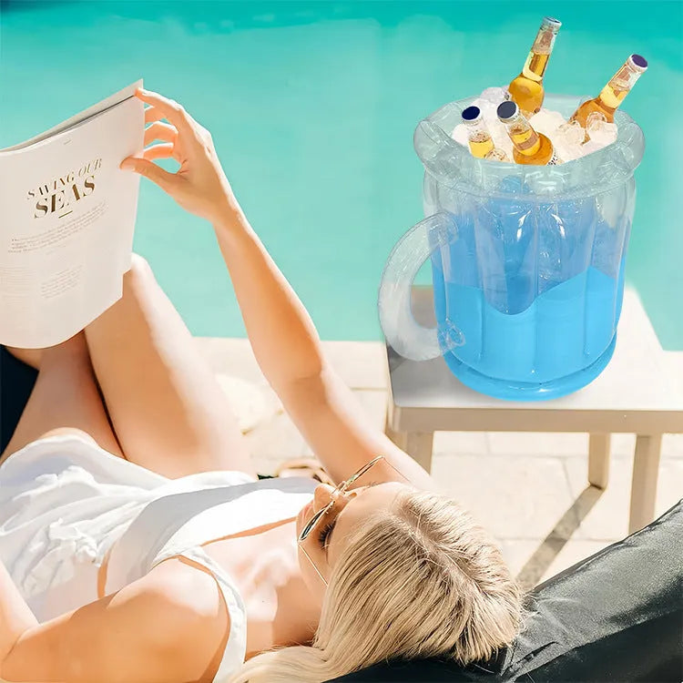 Yellow PVC inflatable ice bucket for cooling beer steins at outdoor events