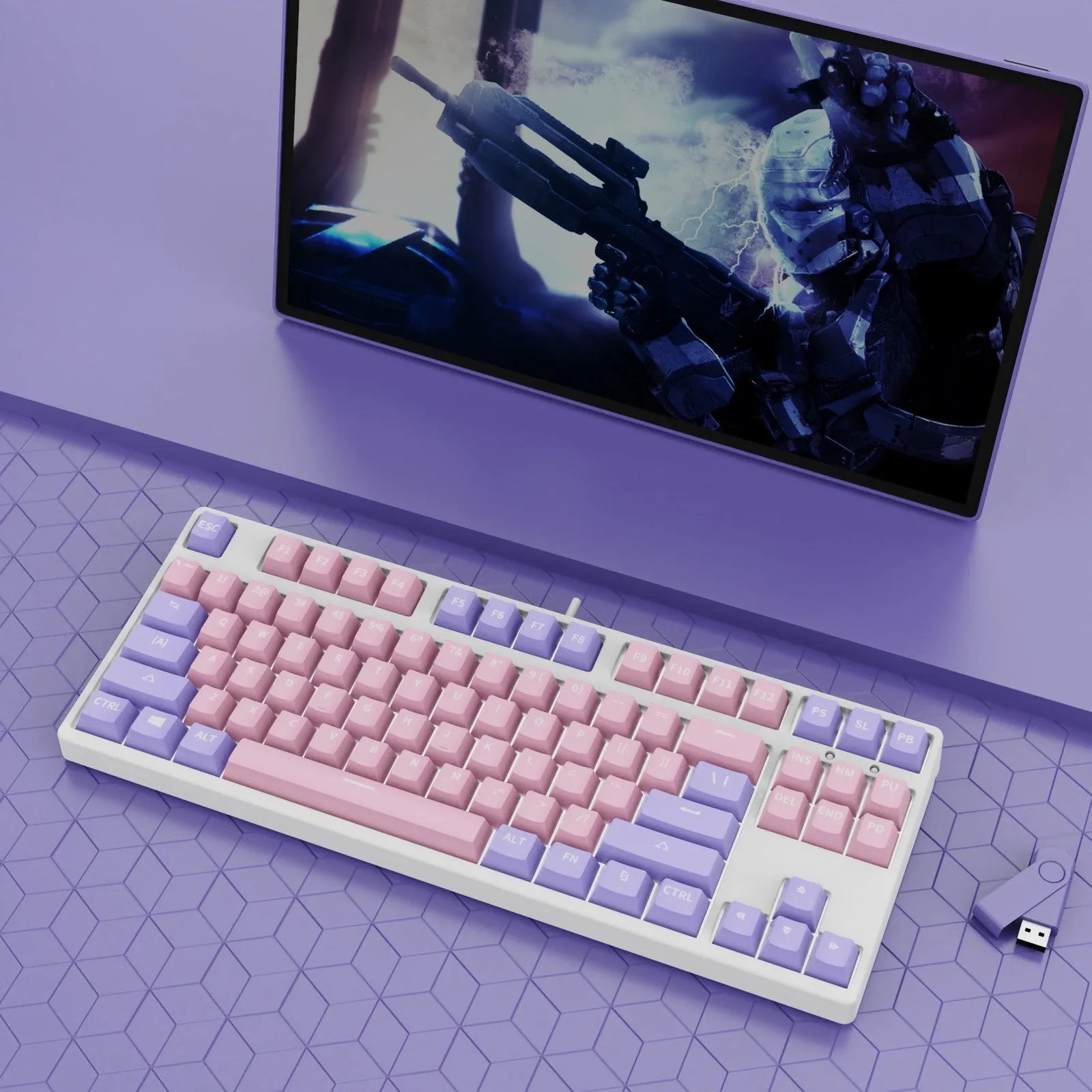 87-key wired mechanical gaming keyboard with hot-swappable switches in dual-colour keycap configuration