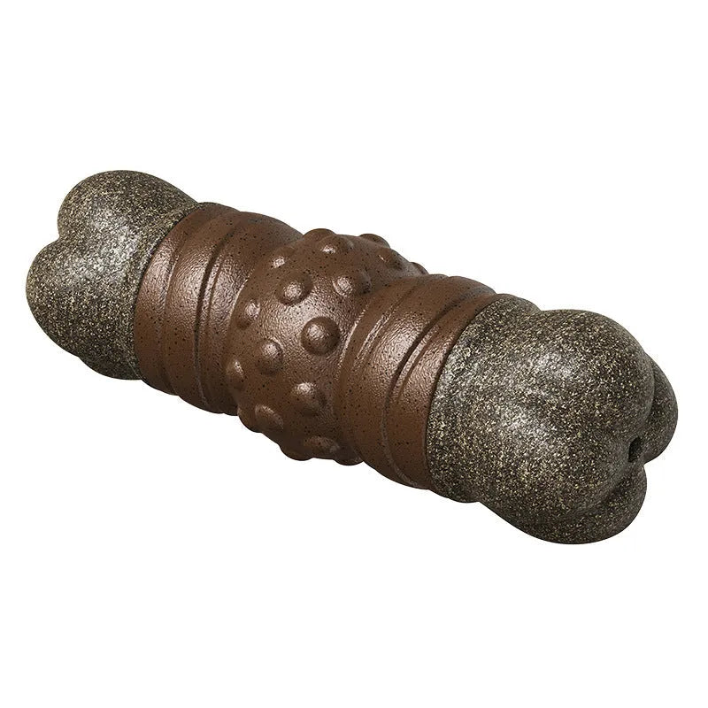 Wood coloured plastic sounding bone dog toothbrush toy with molar rod design.