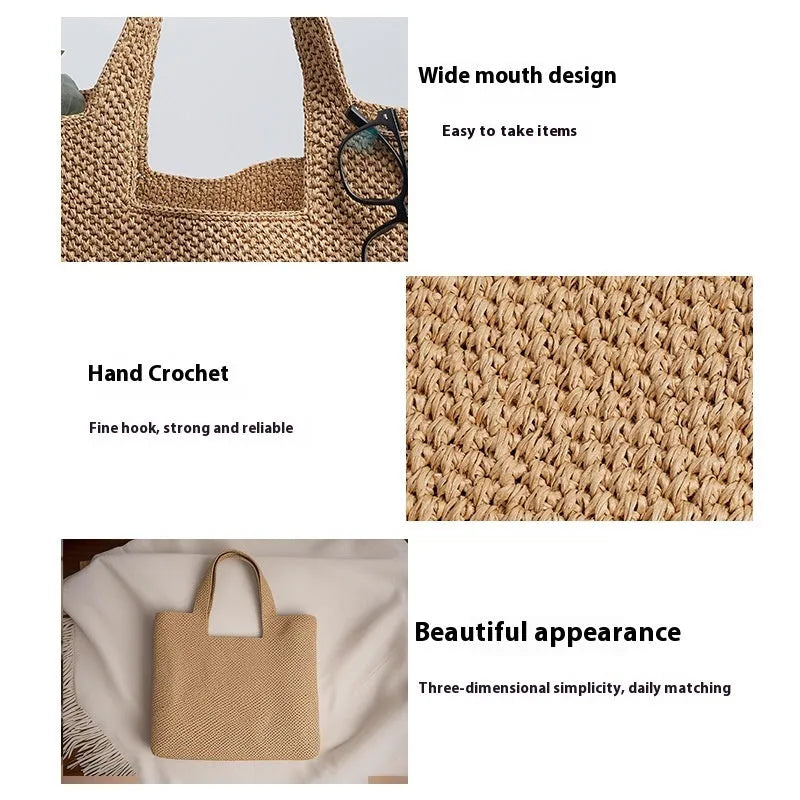 Natural straw woven bucket tote bag with double straps and zipper compartment