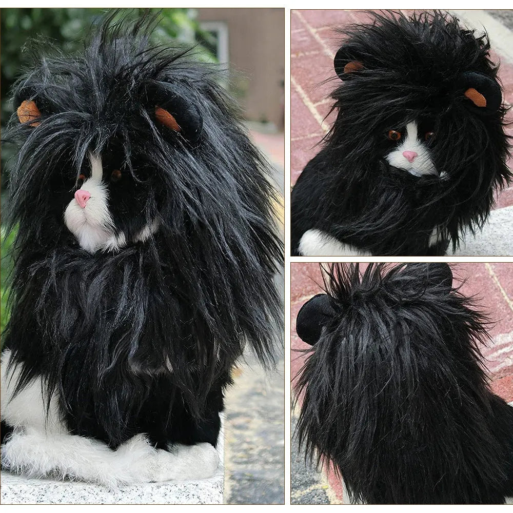 Black lion mane headgear for pet cat with adjustable elastic band