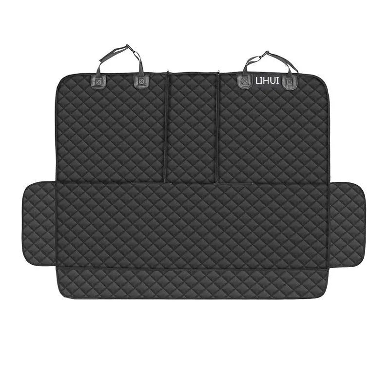 Black pet car seat cover made from 600D Oxford cloth with thick cushion and non-slip net on a rear car seat