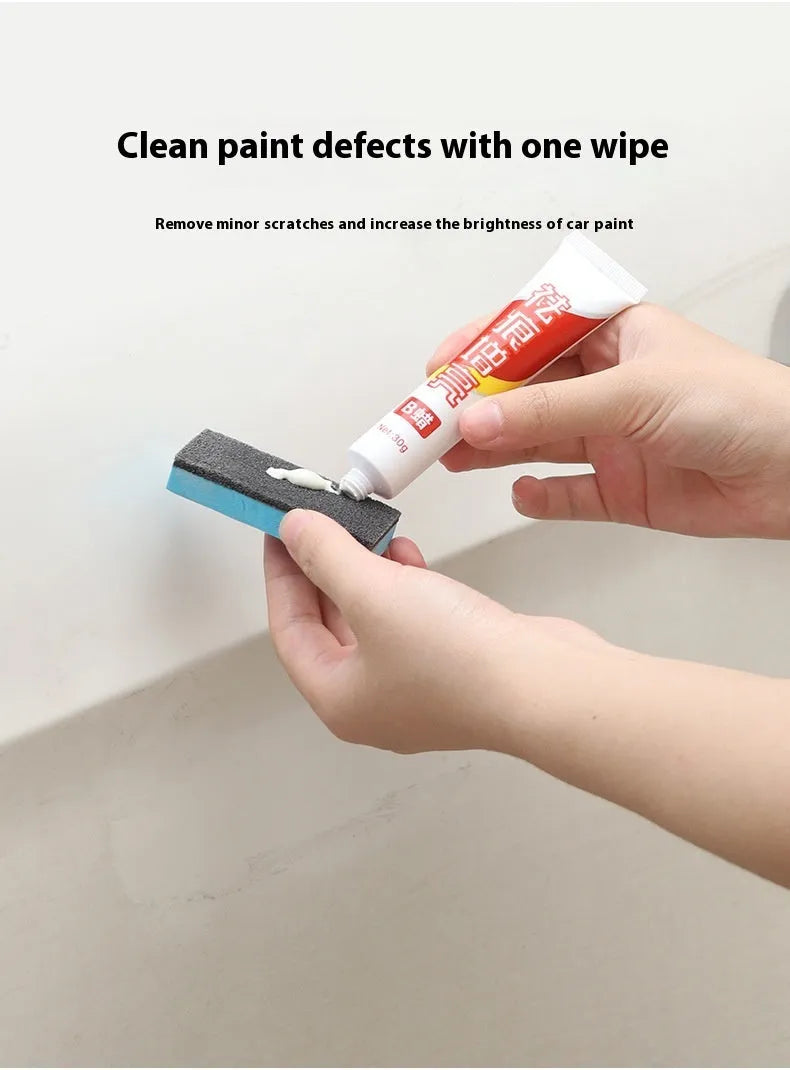 Car repair wax kit showing scratch removal A wax, brightening B wax, and a frosted sponge mop