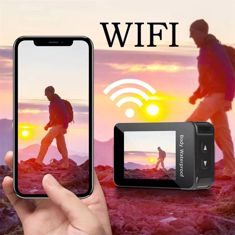 Black plastic action camera with touch screen and wide-angle lens, shown with USB cable.