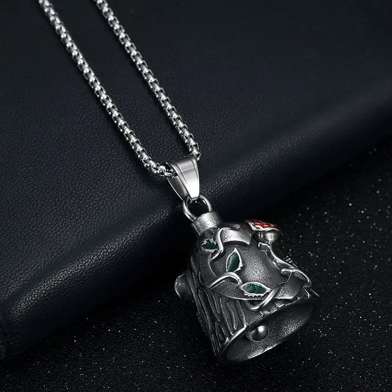 Titanium steel motorcycle riding lucky bell with polished vintage finish and double-sided epoxy rose design